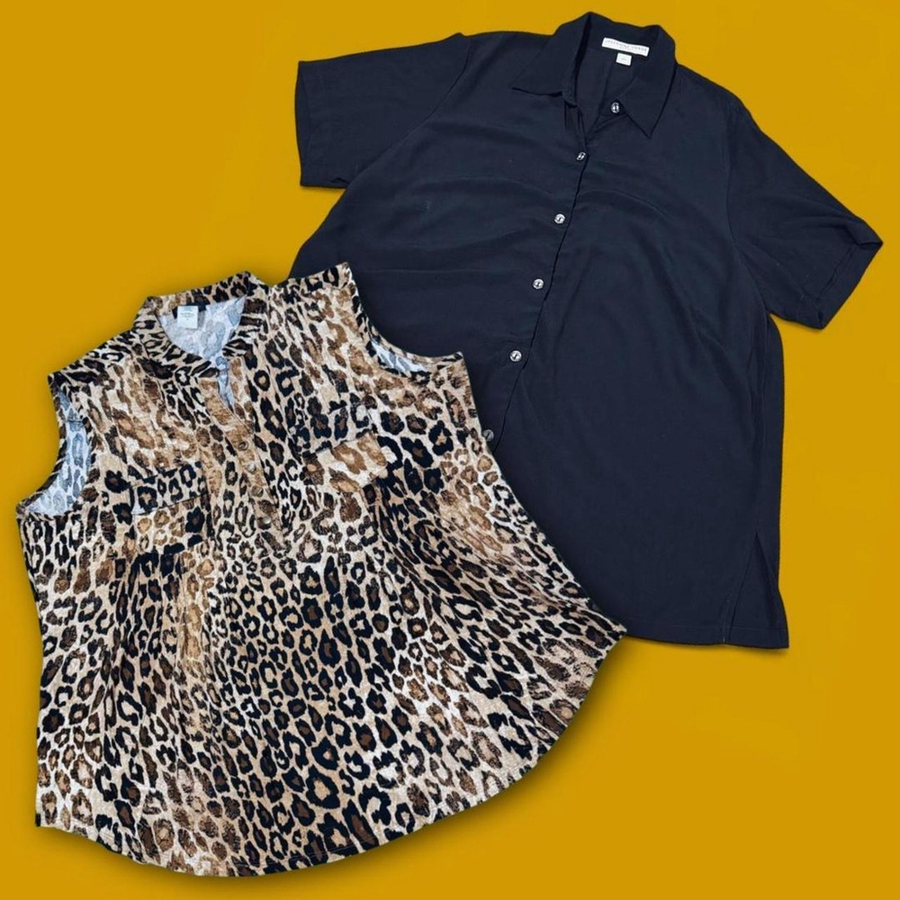 Vintage Josephine Chaus Cocomo Blouse Lot XL Black Leopard Animal Print 2 Pc
